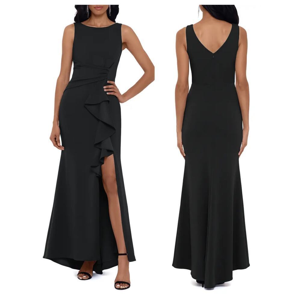 Betsy & Adam Christine Scuba Crepe Ruffle Bow Trumpet Gown Size 14